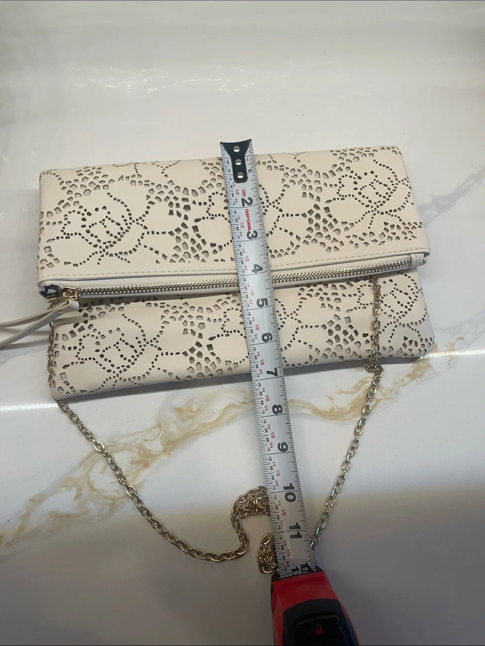 Urban Expressions Cream Laser-Cut Floral Chain Clutch